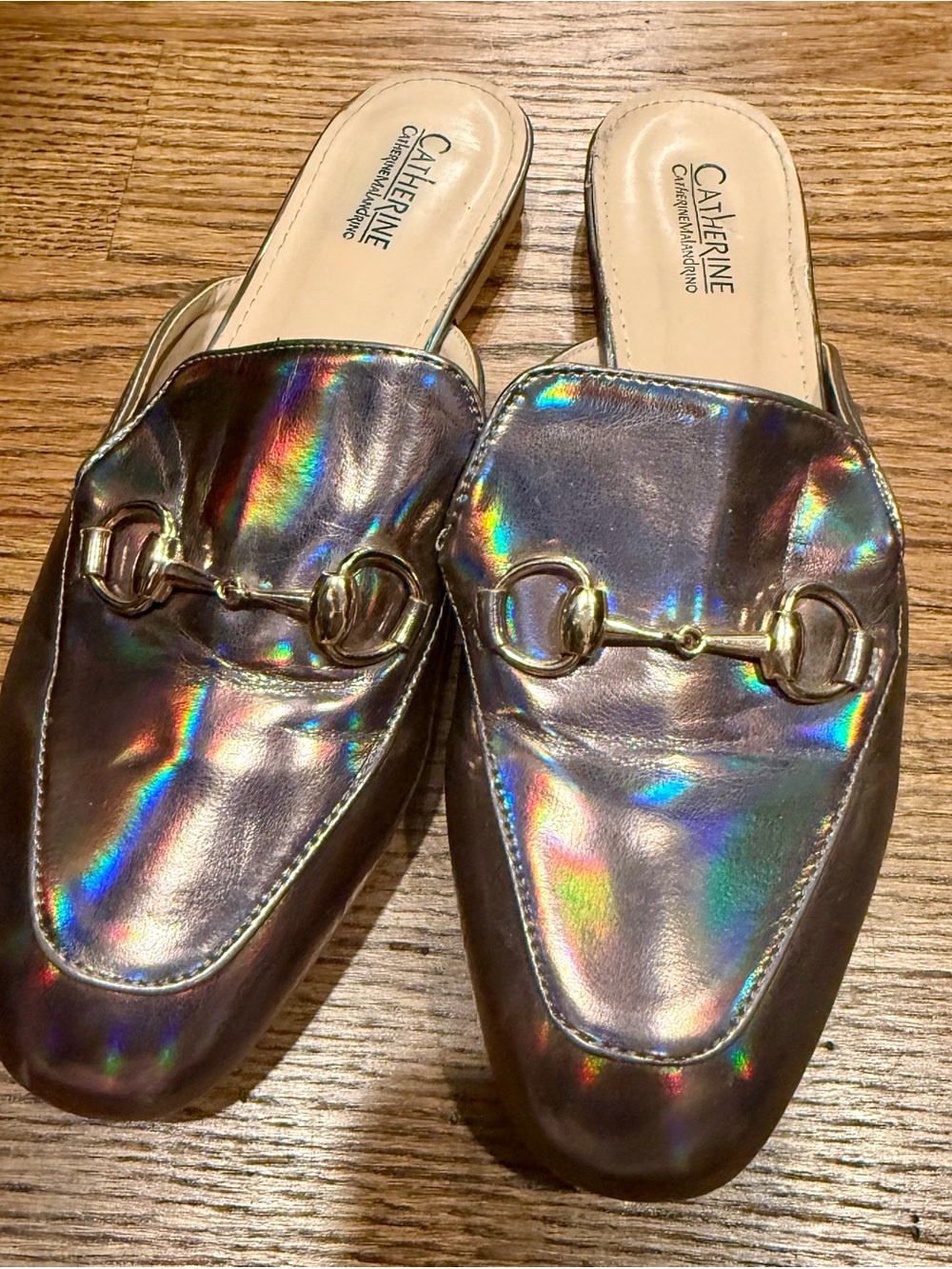 Catherine Malandrino Holographic Slip-On Mules with Gold Hardware